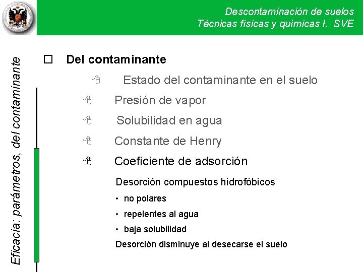 Eficacia: parámetros, del contaminante Descontaminación de suelos Técnicas físicas y químicas I. SVE Del Eficacia: parámetros, del contaminante Descontaminación de suelos Técnicas físicas y químicas I. SVE Del