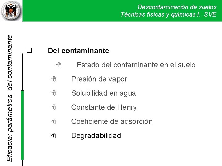 Eficacia: parámetros, del contaminante Descontaminación de suelos Técnicas físicas y químicas I. SVE Del Eficacia: parámetros, del contaminante Descontaminación de suelos Técnicas físicas y químicas I. SVE Del