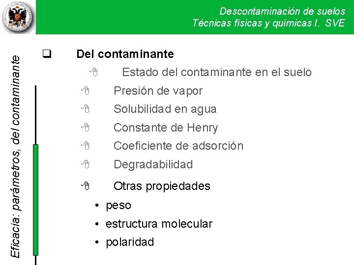 Eficacia: parámetros, del contaminante Descontaminación de suelos Técnicas físicas y químicas I. SVE Del Eficacia: parámetros, del contaminante Descontaminación de suelos Técnicas físicas y químicas I. SVE Del