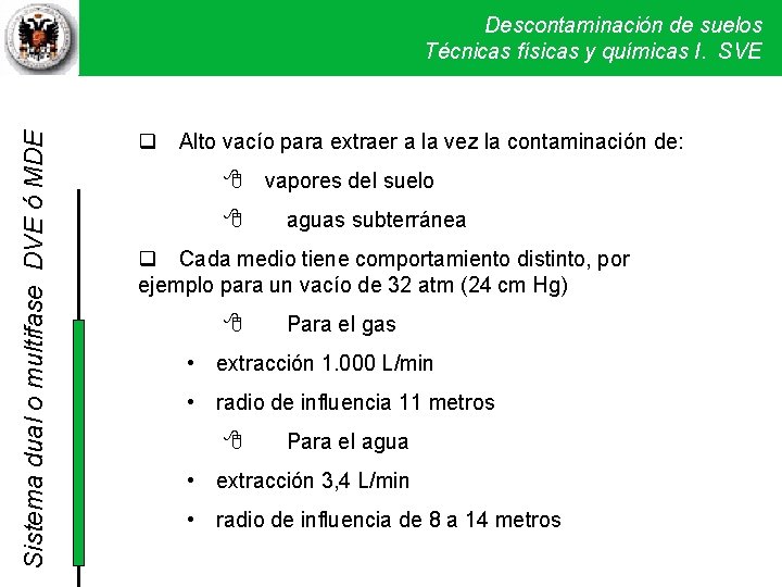 Sistema dual o multifase DVE ó MDE Descontaminación de suelos Técnicas físicas y químicas Sistema dual o multifase DVE ó MDE Descontaminación de suelos Técnicas físicas y químicas