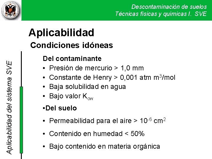Descontaminación de suelos Técnicas físicas y químicas I. SVE Aplicabilidad del sistema SVE Condiciones Descontaminación de suelos Técnicas físicas y químicas I. SVE Aplicabilidad del sistema SVE Condiciones