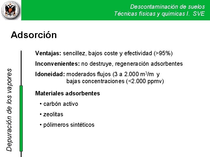Descontaminación de suelos Técnicas físicas y químicas I. SVE Adsorción Ventajas: sencillez, bajos coste Descontaminación de suelos Técnicas físicas y químicas I. SVE Adsorción Ventajas: sencillez, bajos coste