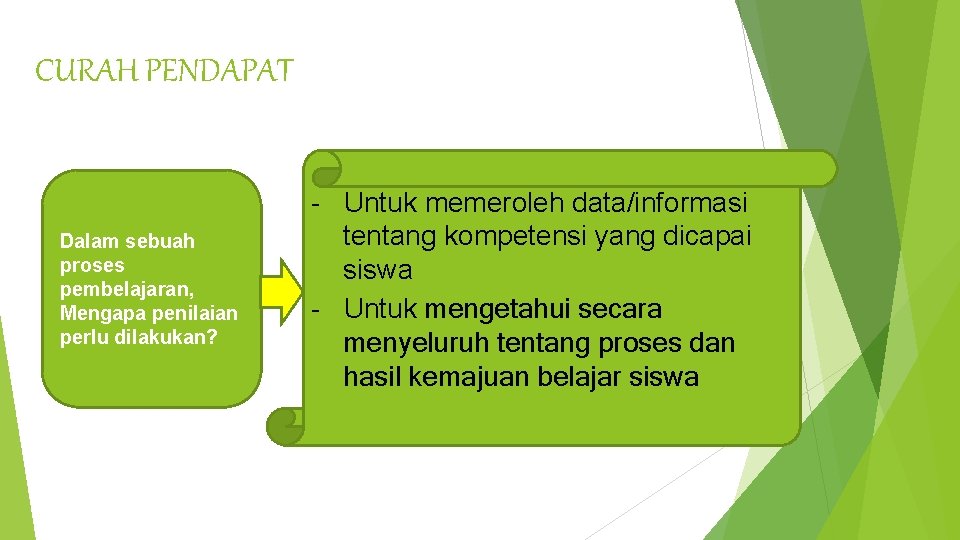 CURAH PENDAPAT Dalam sebuah proses pembelajaran, Mengapa penilaian perlu dilakukan? - Untuk memeroleh data/informasi