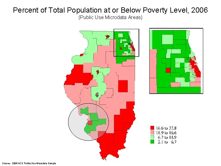 Percent of Total Population at or Below Poverty Level, 2006 (Public Use Microdata Areas)