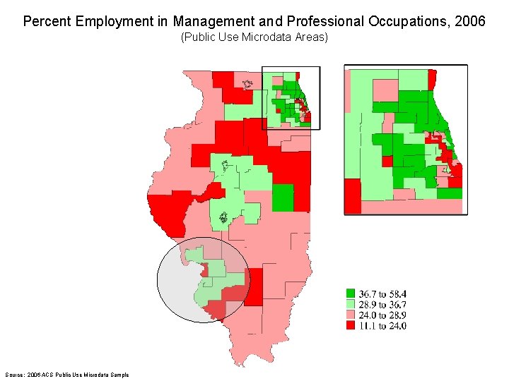 Percent Employment in Management and Professional Occupations, 2006 (Public Use Microdata Areas) Source: 2006