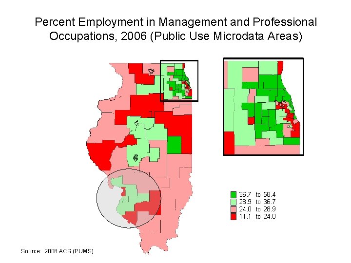 Percent Employment in Management and Professional Occupations, 2006 (Public Use Microdata Areas) 36. 7