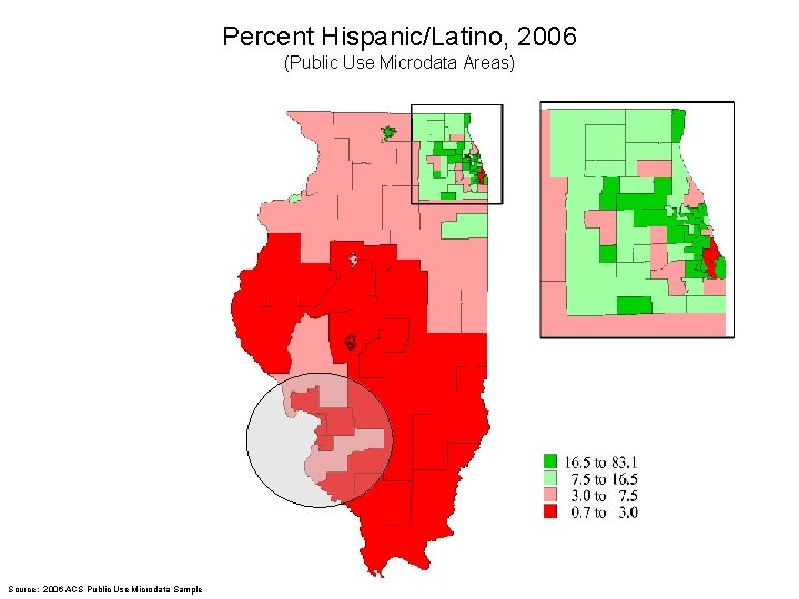 Percent Hispanic/Latino, 2006 (Public Use Microdata Areas) Source: 2006 ACS Public Use Microdata Sample