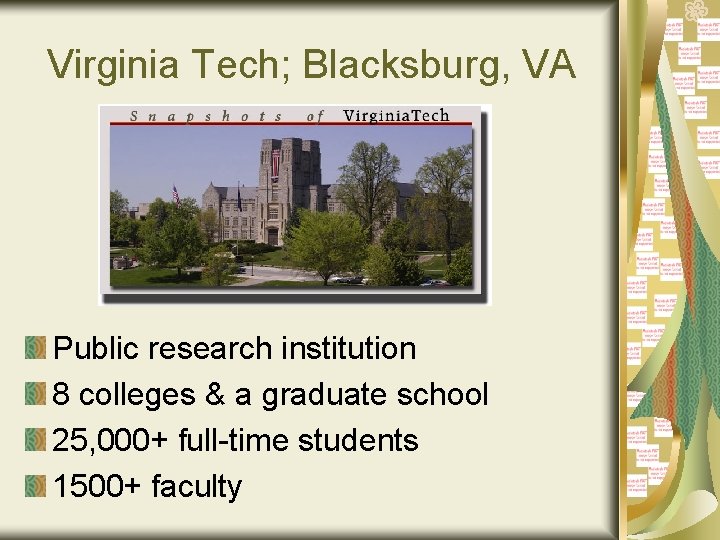 Virginia Tech; Blacksburg, VA Public research institution 8 colleges & a graduate school 25,