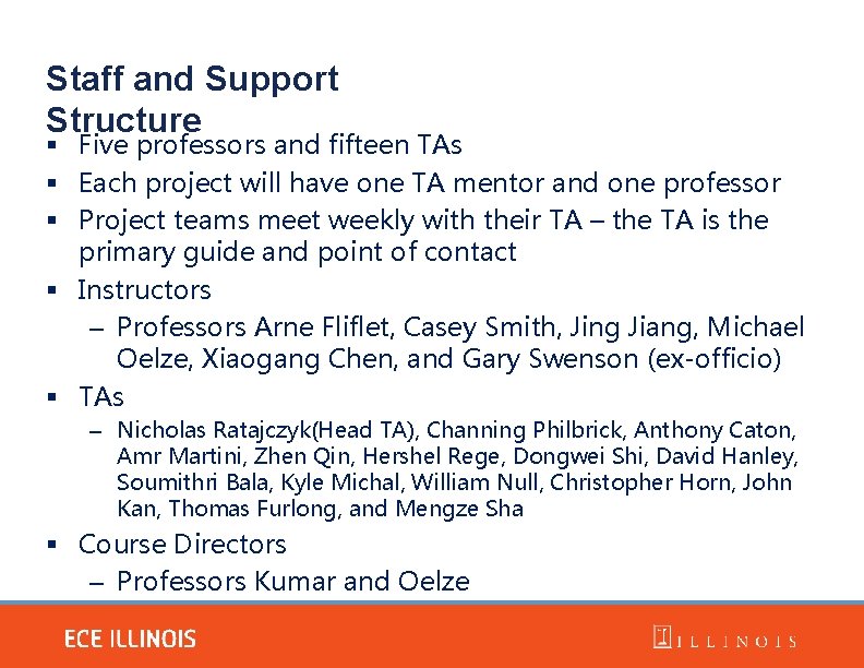 Staff and Support Structure § Five professors and fifteen TAs § Each project will