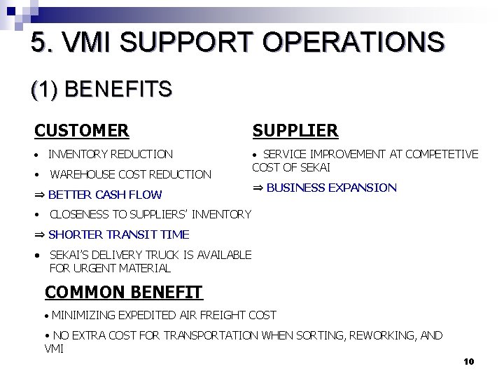5. VMI SUPPORT OPERATIONS (1) BENEFITS CUSTOMER SUPPLIER • INVENTORY REDUCTION • SERVICE IMPROVEMENT