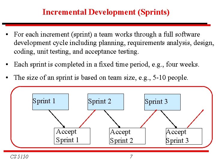 Incremental Development (Sprints) • For each increment (sprint) a team works through a full