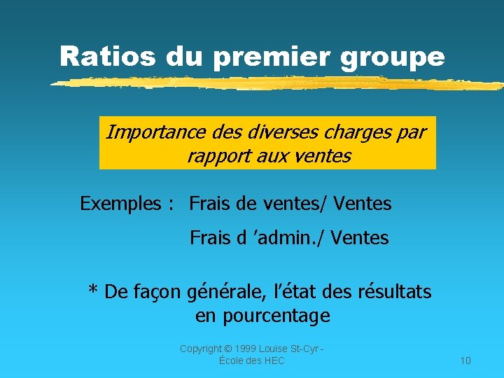 Ratios du premier groupe Importance des diverses charges par rapport aux ventes Exemples :