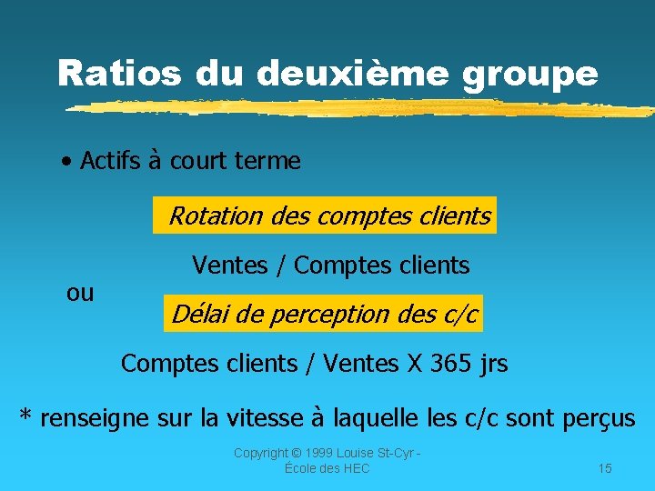 Ratios du deuxième groupe • Actifs à court terme Rotation des comptes clients ou