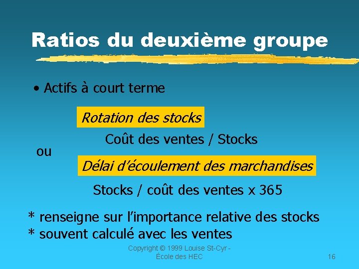 Ratios du deuxième groupe • Actifs à court terme Rotation des stocks ou Coût