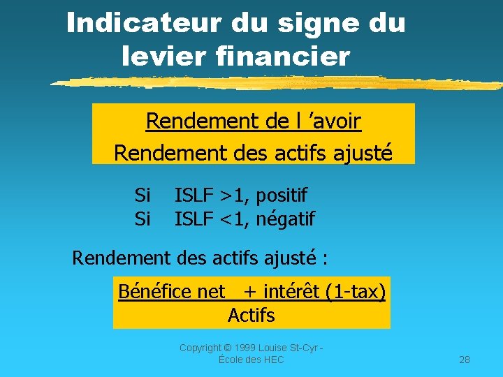 Indicateur du signe du levier financier Rendement de l ’avoir Rendement des actifs ajusté