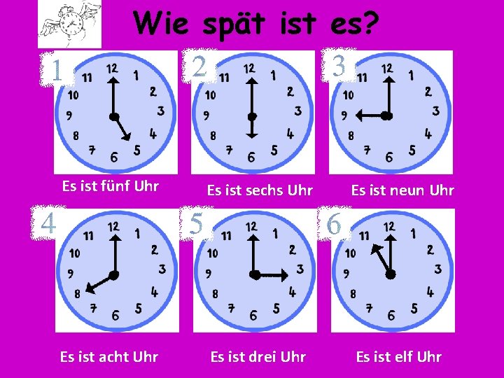 Wie spät ist es? Es ist fünf Uhr Es ist sechs Uhr Es ist