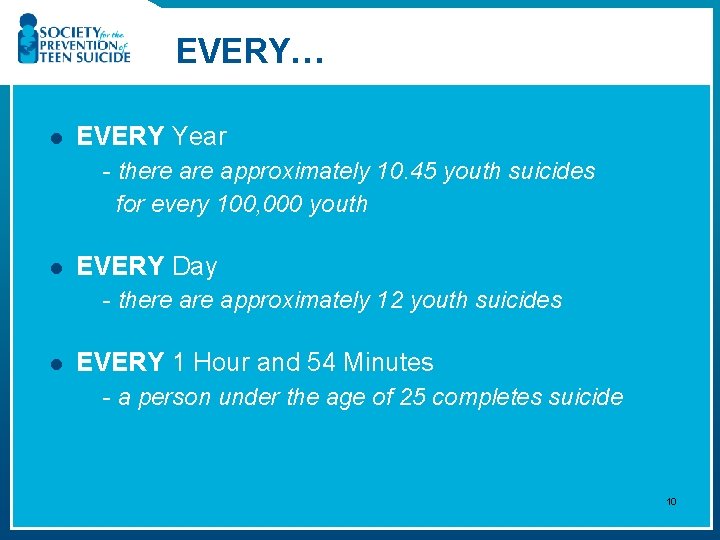 EVERY… l EVERY Year - there approximately 10. 45 youth suicides for every 100,