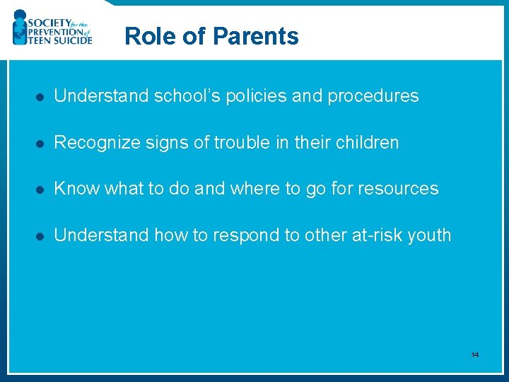 Role of Parents l Understand school’s policies and procedures l Recognize signs of trouble