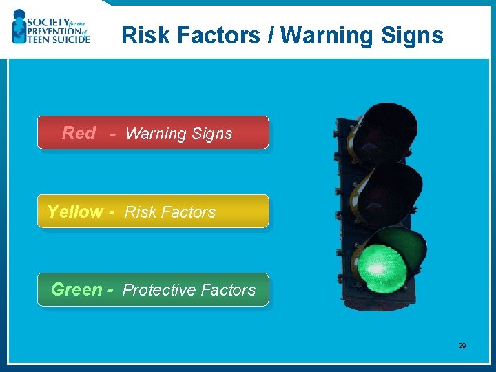 Risk Factors / Warning Signs Red - Warning Signs Yellow - Risk Factors Green