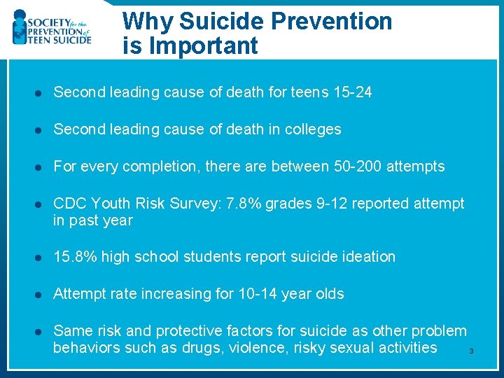 Why Suicide Prevention is Important l Second leading cause of death for teens 15