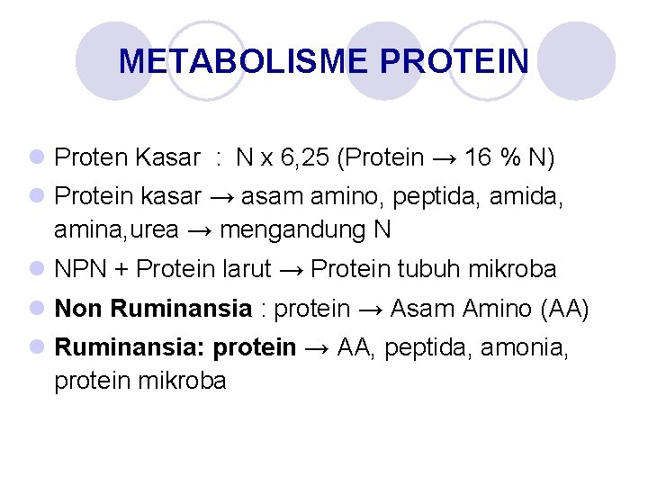 METABOLISME PROTEIN l Proten Kasar : N x 6, 25 (Protein → 16 %