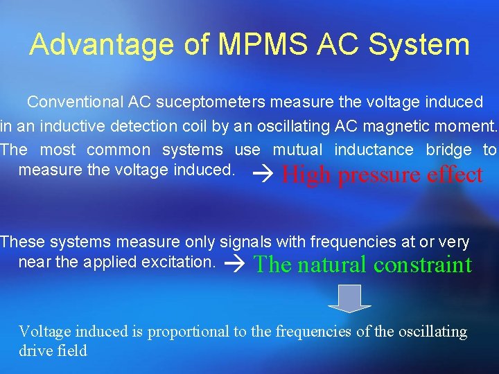 Advantage of MPMS AC System Conventional AC suceptometers measure the voltage induced in an