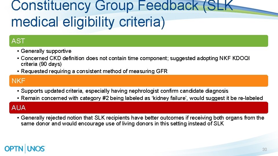 Constituency Group Feedback (SLK medical eligibility criteria) AST • Generally supportive • Concerned CKD