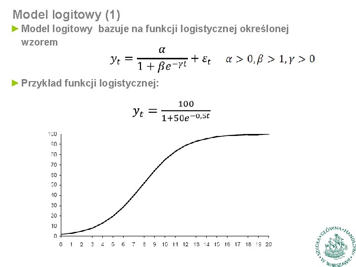 Model logitowy (1) ► Model logitowy bazuje na funkcji logistycznej określonej wzorem ► Przykład