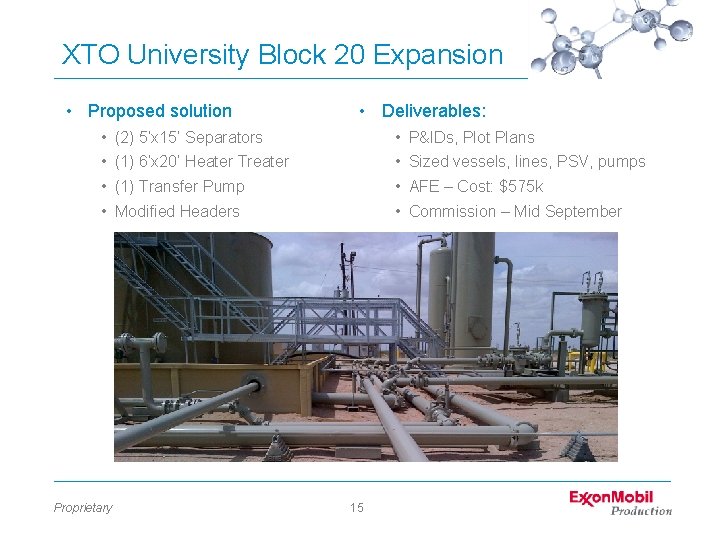 XTO University Block 20 Expansion • Proposed solution • Deliverables: • (2) 5’x 15’