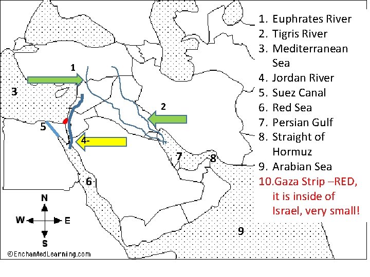 1. Euphrates River 2. Tigris River 3. Mediterranean Sea 4. Jordan River 5. Suez