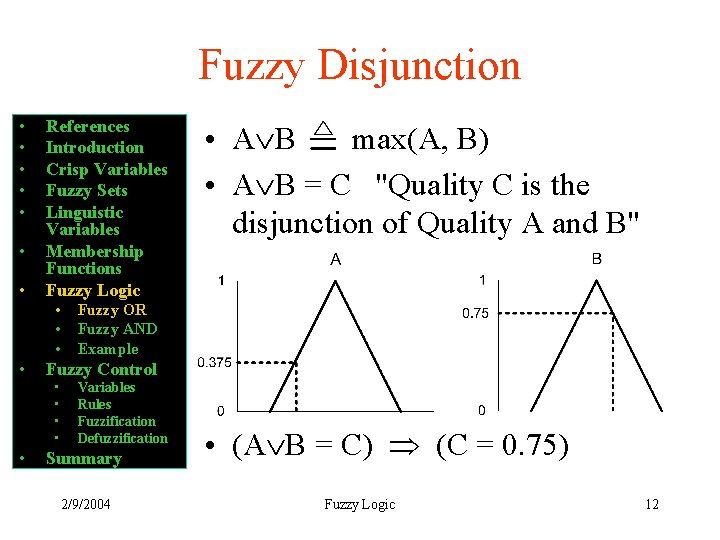 Fuzzy Disjunction • • References Introduction Crisp Variables Fuzzy Sets Linguistic Variables Membership Functions