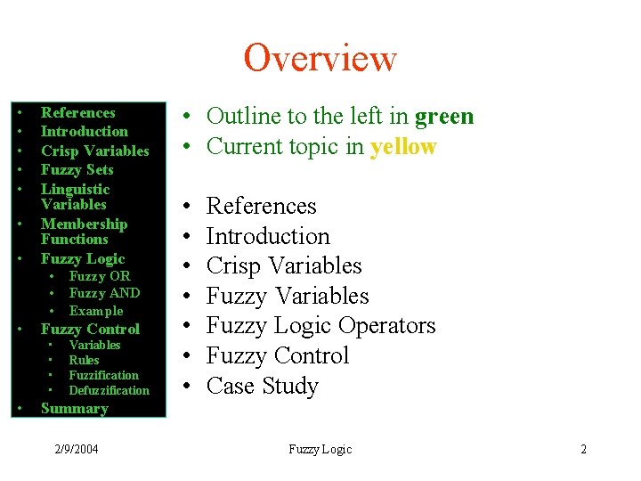 Overview • • References Introduction Crisp Variables Fuzzy Sets Linguistic Variables Membership Functions Fuzzy