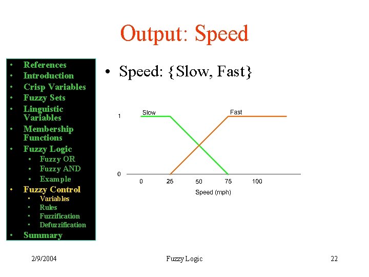 Output: Speed • • References Introduction Crisp Variables Fuzzy Sets Linguistic Variables Membership Functions