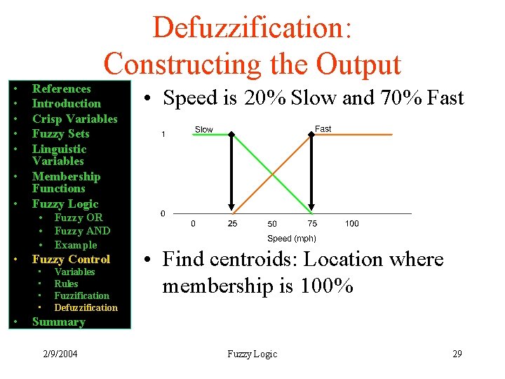 Defuzzification: Constructing the Output • • References Introduction Crisp Variables Fuzzy Sets Linguistic Variables