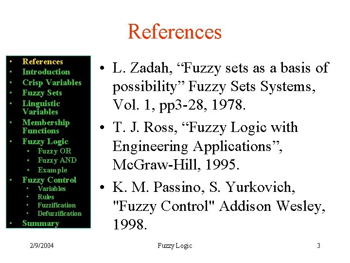 References • • References Introduction Crisp Variables Fuzzy Sets Linguistic Variables Membership Functions Fuzzy