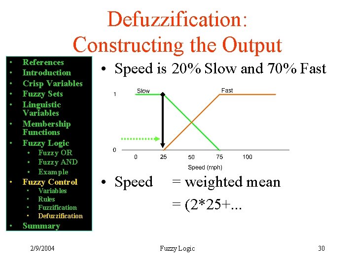 Defuzzification: Constructing the Output • • References Introduction Crisp Variables Fuzzy Sets Linguistic Variables