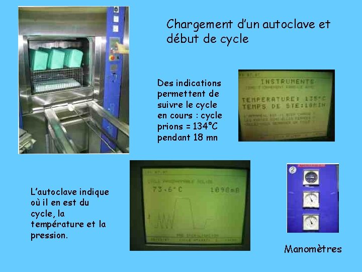 Chargement d’un autoclave et début de cycle Des indications permettent de suivre le cycle