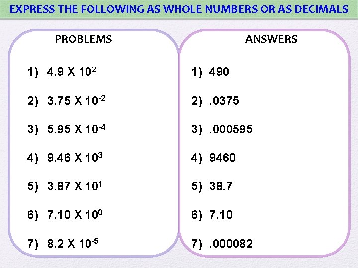 EXPRESS THE FOLLOWING AS WHOLE NUMBERS OR AS DECIMALS PROBLEMS ANSWERS 1) 4. 9
