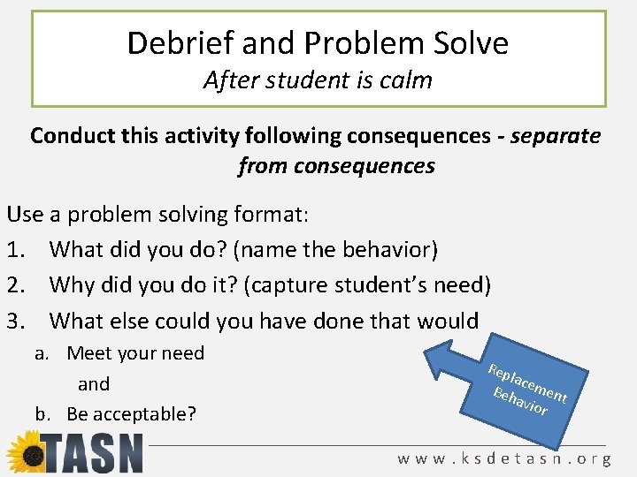Debrief and Problem Solve After student is calm Conduct this activity following consequences - Debrief and Problem Solve After student is calm Conduct this activity following consequences -