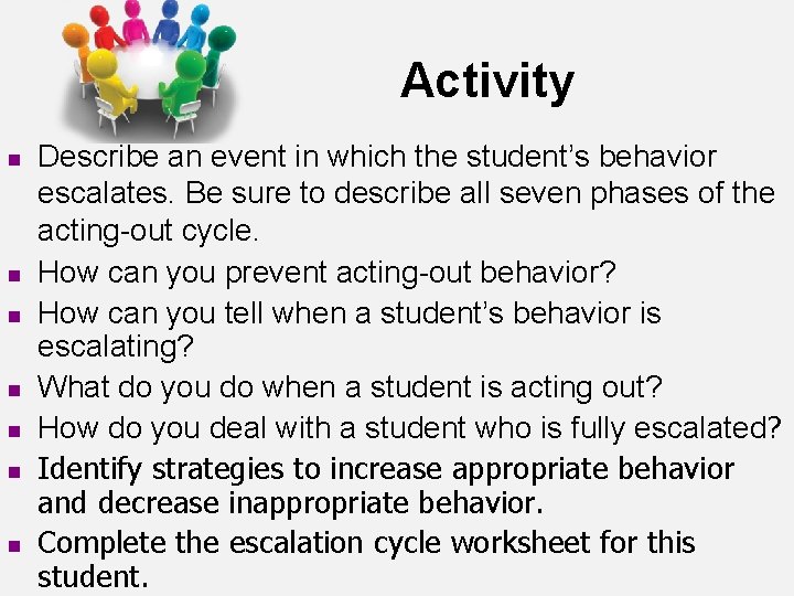 Activity n n n n Describe an event in which the student’s behavior escalates. Activity n n n n Describe an event in which the student’s behavior escalates.