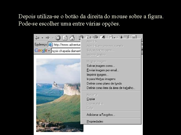 Depois utiliza-se o botão da direita do mouse sobre a figura. Pode-se escolher uma