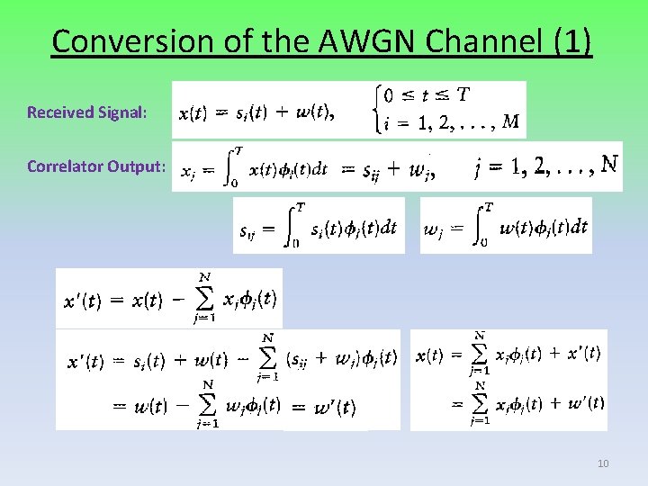 Conversion of the AWGN Channel (1) Received Signal: Correlator Output: 10 