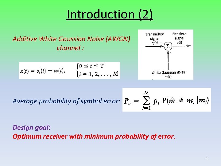 Introduction (2) Additive White Gaussian Noise (AWGN) channel : Average probability of symbol error: