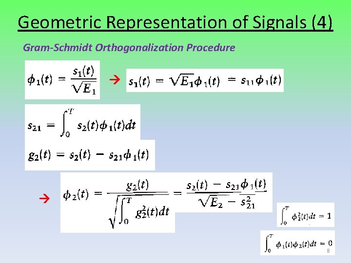 Geometric Representation of Signals (4) Gram-Schmidt Orthogonalization Procedure 8 