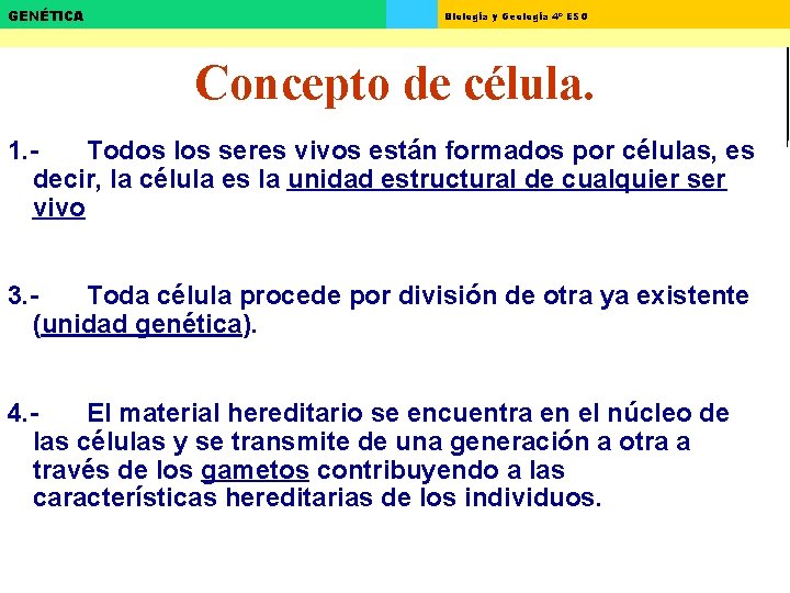 GENÉTICA Biología y Geología 4º ESO Concepto de célula. 1. Todos los seres vivos