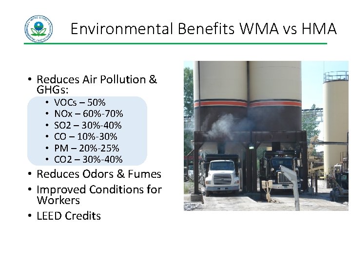Environmental Benefits WMA vs HMA • Reduces Air Pollution & GHGs: • • • Environmental Benefits WMA vs HMA • Reduces Air Pollution & GHGs: • • •