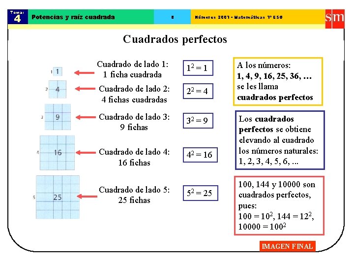 Tema: 4 Potencias y raíz cuadrada 8 Números 2001 - Matemáticas 1º ESO Cuadrados Tema: 4 Potencias y raíz cuadrada 8 Números 2001 - Matemáticas 1º ESO Cuadrados