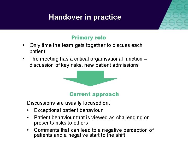 Handover in practice Primary role • Only time the team gets together to discuss