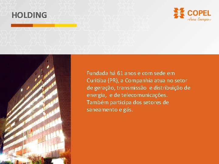 HOLDING Fundada há 61 anos e com sede em Curitiba (PR), a Companhia atua