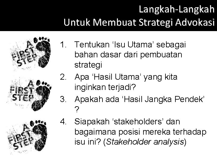 Langkah-Langkah Untuk Membuat Strategi Advokasi 1. Tentukan ‘Isu Utama’ sebagai bahan dasar dari pembuatan